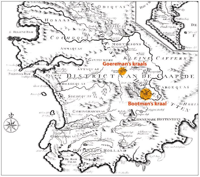Map shows Khoekhoe kraals outside the early colonial settlements.
